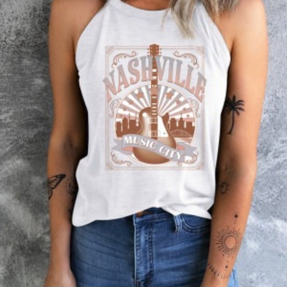 White NASHVILLE MUSIC CITY Guitar Graphic Tank Top